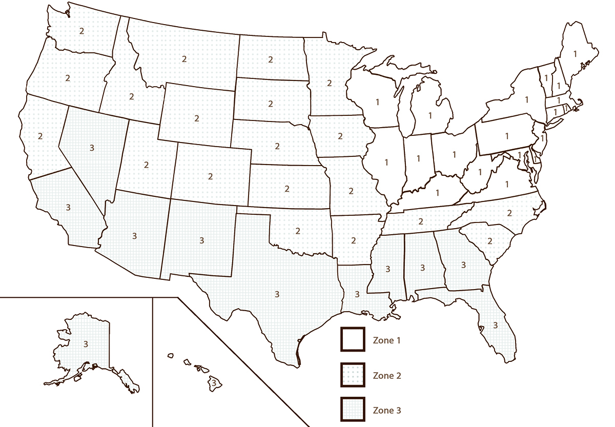 United States map divided into three separate delivery zones.